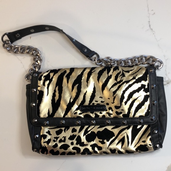 Betsey Johnson, black gold velvet purse. NWOT chain handle animal  print - Picture 6 of 10